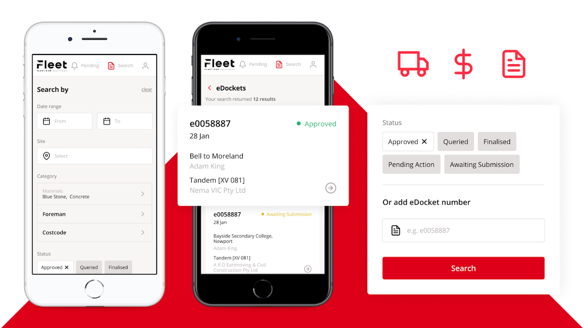 Fleet plant hire interface screenshots