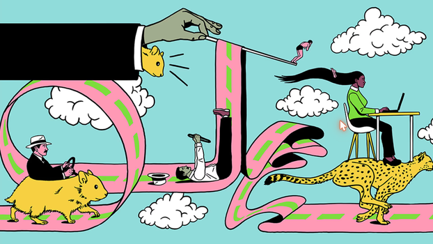 Optimizely rebrand illustration with man riding hamster