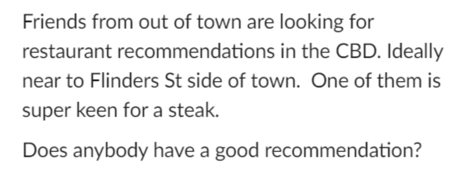 Picture of a Slack message asking for reccomendations