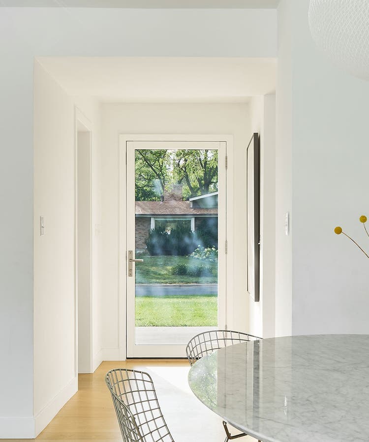 Forgent® Series picture awnings, Pine wood interior, painted white, Ultra Series inswing door with CLiC privacy glass