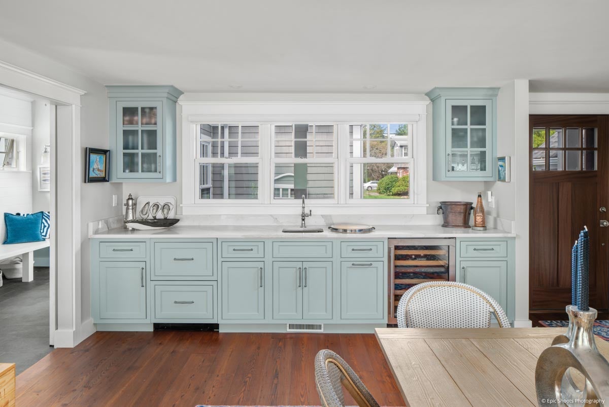 AM703 - kitchen with light blue cabinets and Ultra series double hungs