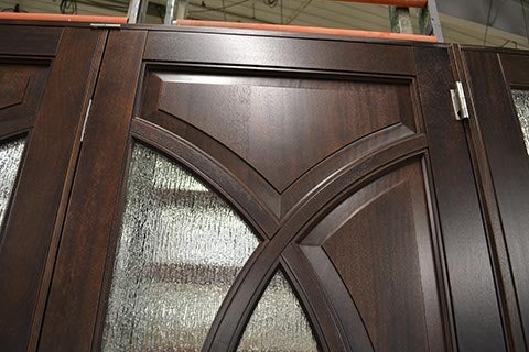 CS50-13, Mahogany French Door with Custom Raised Panels & Rain Glass (interior panel closeup)