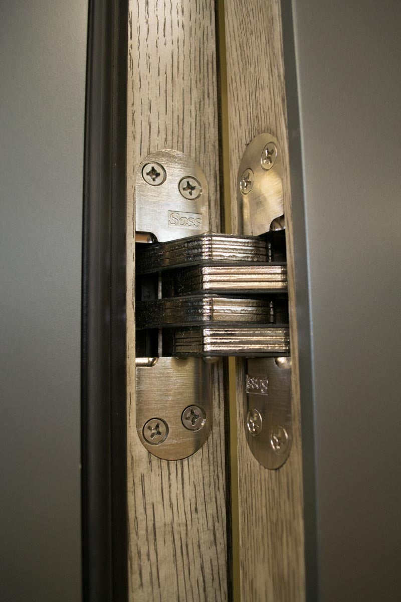 CS53-12, Modern Door with Custom Glass, Cross Rails, PDL and Concealed Hinges (hinge closeup)