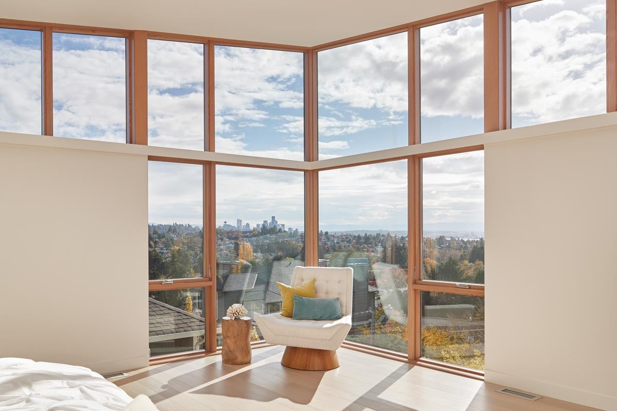 VistaLuxe WD LINE casements with Satin Nickel hardware,Direct sets in rectangular and trapezoidal shapes,Vertical Grain Fir interior wood