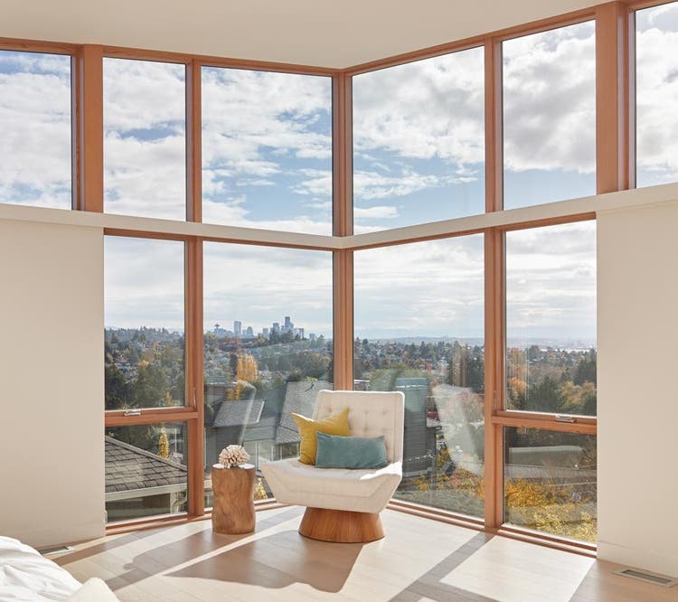 VistaLuxe WD LINE casements with Satin Nickel hardware,Direct sets in rectangular and trapezoidal shapes,Vertical Grain Fir interior wood