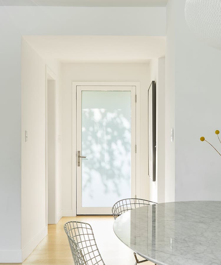 Forgent® Series picture awnings, Pine wood interior, painted white, Ultra Series inswing door with CLiC privacy glass