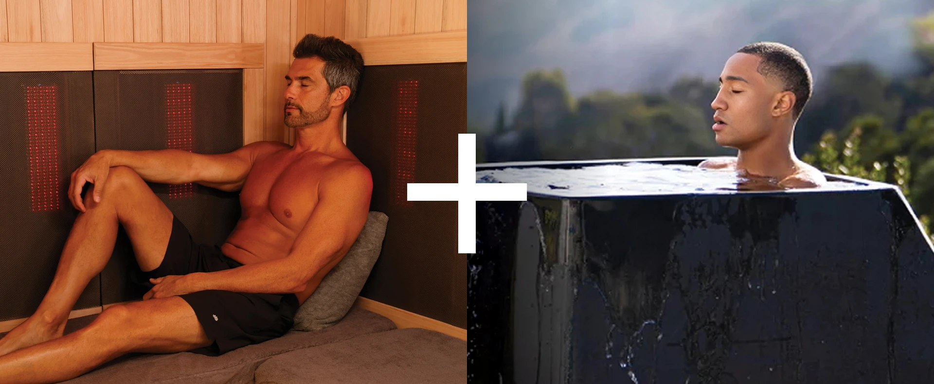 A man sitting in an infrared sauna next to an image of a man in a cold plunge ice bath