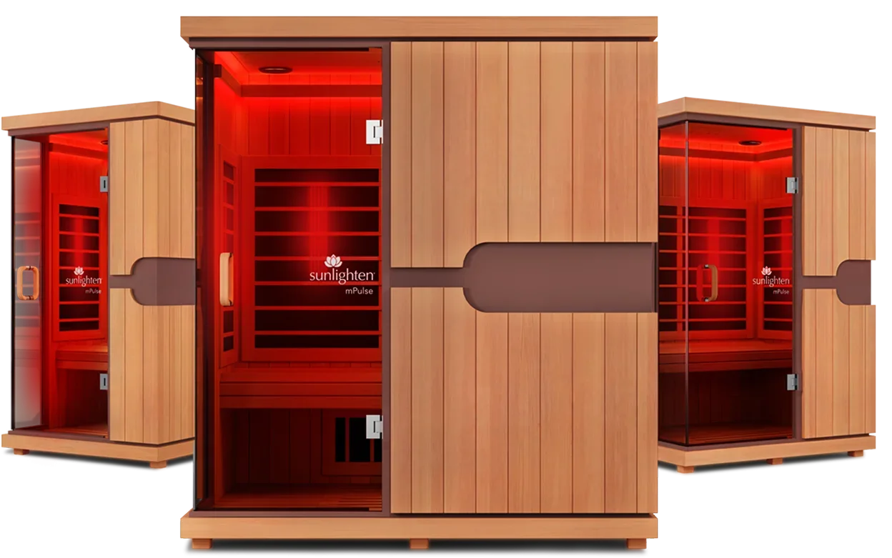 Three Sunlighten mPulse Intelligent infrared saunas with red light therapy. 