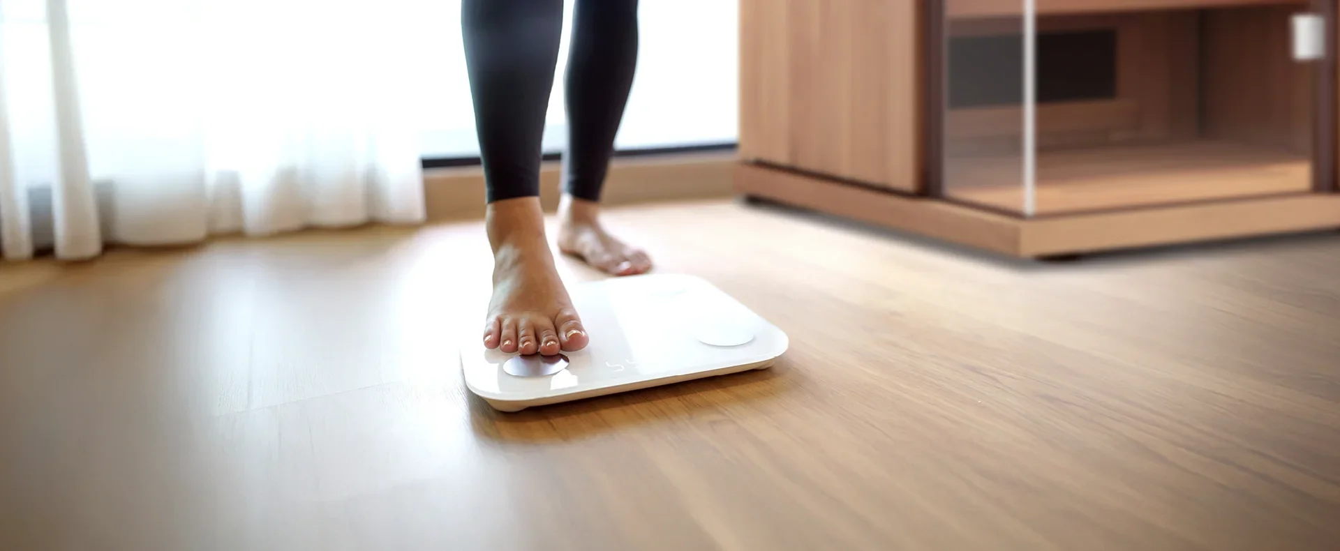 Person standing on a digital smart scale in front of a home infrared sauna, tracking wellness progress.