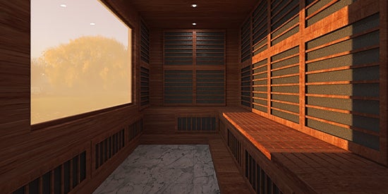 Ce sauna commercial personnalisé, conforme aux normes DDA, est doté d'une fenêtre orientée vers l'ouest qui donne sur une forêt et un étang. Il permet à 12 personnes de se détendre et de profiter de magnifiques couchers de soleil, enveloppées d'une douce chaleur infrarouge, pour une expérience de bien-être social. Le sol en marbre assure la continuité du design entre la pièce adjacente et le sauna. Le câblage de contrôle externe empêche toute manipulation de la part du client.