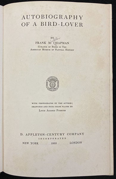 Title page, Autobiography of a Bird-Lover, by Frank M. Chapman, p. 352, 1933 (Linda Hall Library)