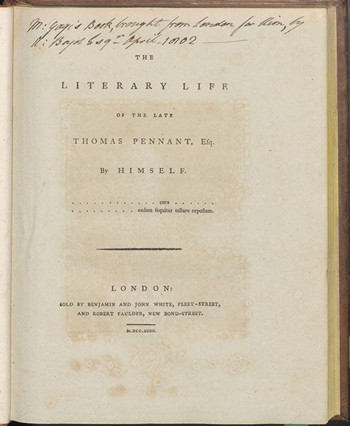 Title page, with annotations, The Literary Life of the late Thomas Pennant, by Thomas Pennant, 1793 (Linda Hall Library)