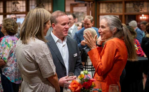 Princeton University's Sigrid Adriaenssens speaking with guests at Linda Hall Library reception