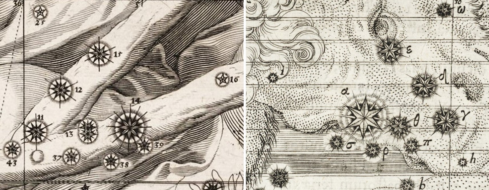 L: Detail of St. Andrew. Image source: Schiller, Julius. Coelum stellatum Christianum. Augsburg, 1627, pl. 23.
R: Detail of Taurus. Image source: Bayer, Johannes. Uranometria. Augsburg: Excudit Christophorus Mangus, 1603.
