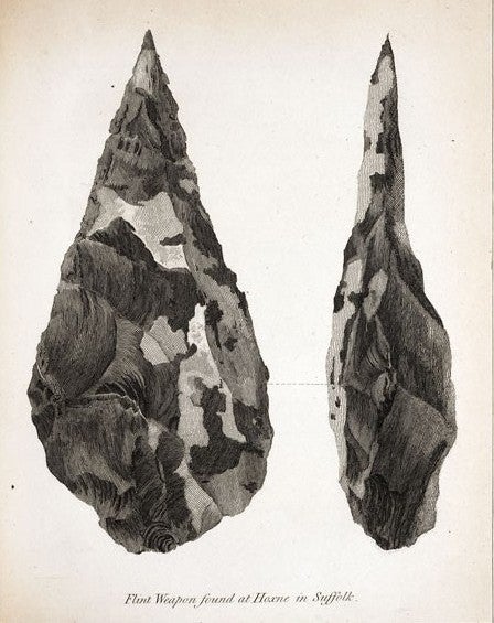 Flint weapon found at Hoxne in Suffolk. Image source: Frere, John. "Account of Flint Weapons Discovered at Hoxne in Suffolk." Archaeologia, vol. 13, 1800, pl. 15.