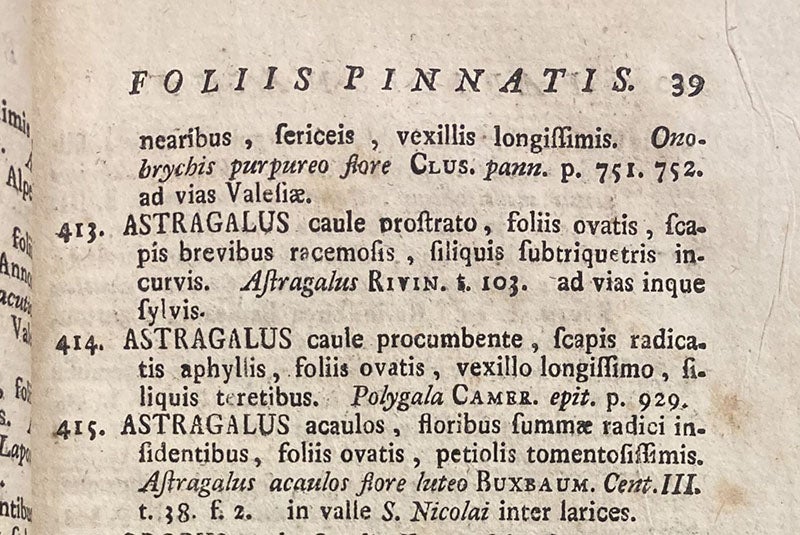 Names (not binomial) for various species of Astragalus, Nomenclator ex Historia plantarum indigenarum Helvetiae, by Albrecht von Haller, p. 39, 1768 (The Linda Hall)