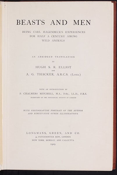 Title page, Beasts and Men, being Carl Hagenbeck's Experiences for Half a Century among Wild Animals,  by Carl Hagenbeck, 1909 (Linda Hall Library)