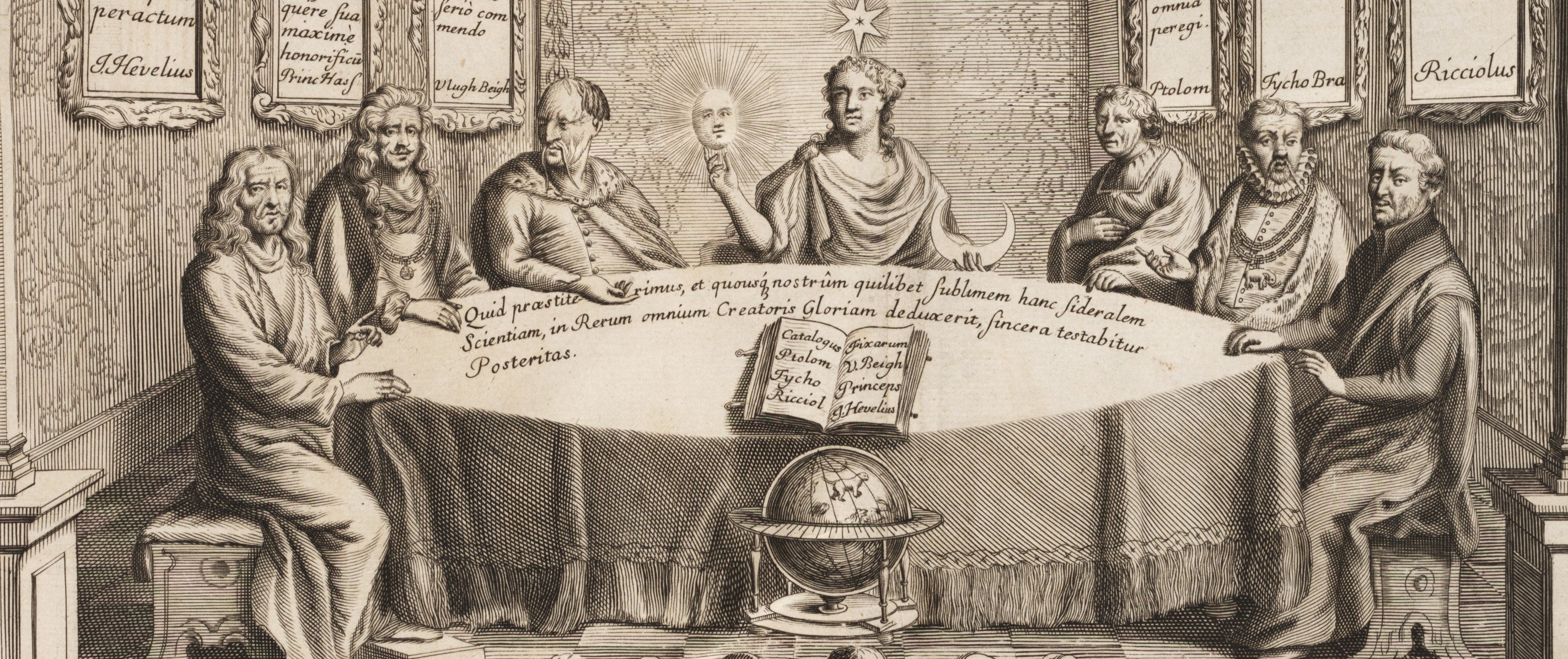 On the table in front of this imagined scene is the text Quid praestiterimus, et quousque nostrum quilibet sublimem hanc sideralem scientiam, in rerum omnium creatoris gloriam deduxerit, sincera testabitur posteritas [What we have accomplished, and how far each one has brought forth this sublime starry knowledge for the glory of the Creator of all things, the whole of posterity will testify].