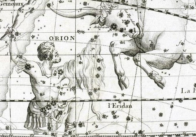 Orion and Taurus. Image source: Flamsteed, John. Atlas celeste. Seconde edition. Ed. J. Fortin. Paris: Chez F. G. Deschamps, 1776, pl. 14.