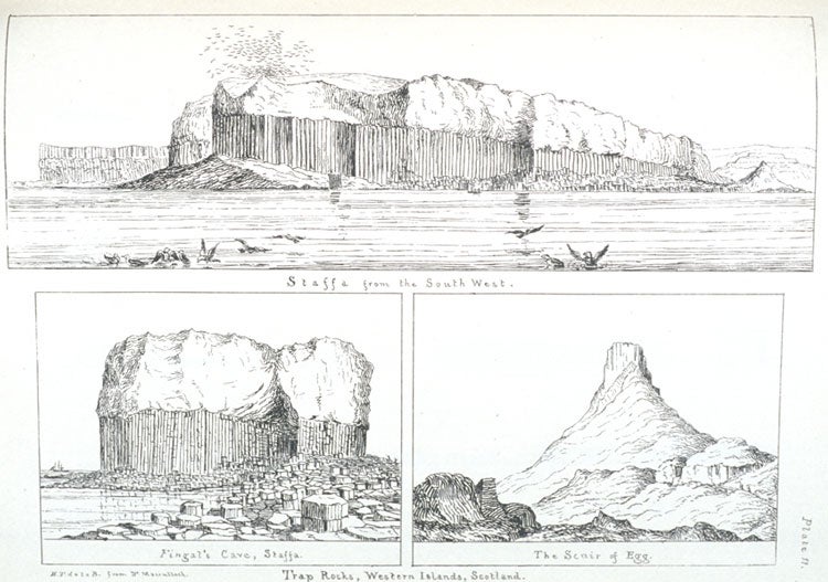 Views of Staffa, Fingal’s Cave, and Scuir of Egg. Image source: De La Beche, Henry Thomas Sir. Sections and Views, Illustrative of Geological Phaenomena. London: Treuttel & Würtz, 1830, pl. 11.