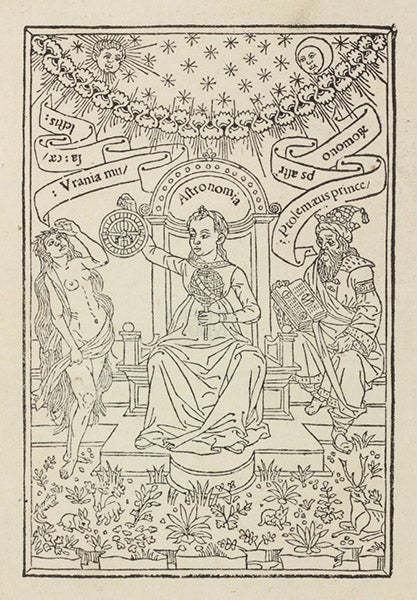 Frontispiece, woodcut, depicting Urania, Astronomia, and Ptolemy, Sphaera mundi, by Johannes de Sacrobosco, publ. by Octavius Scotus, 1490 (Linda Hall Library)