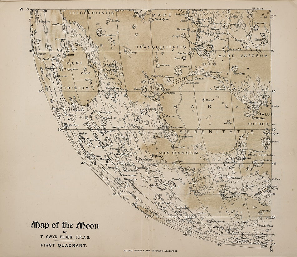 The illustration shows a detail from the first quadrant, including Mare Serenitatis and Mare Vaporum. Two small craters are of special interest: Linn, just below center in the Sea of Serenity, claimed by Schmidt in 1866 to have vanished, and Hyginus N at top right, claimed by Klein ten years later to be newly formed (see item 24). 
