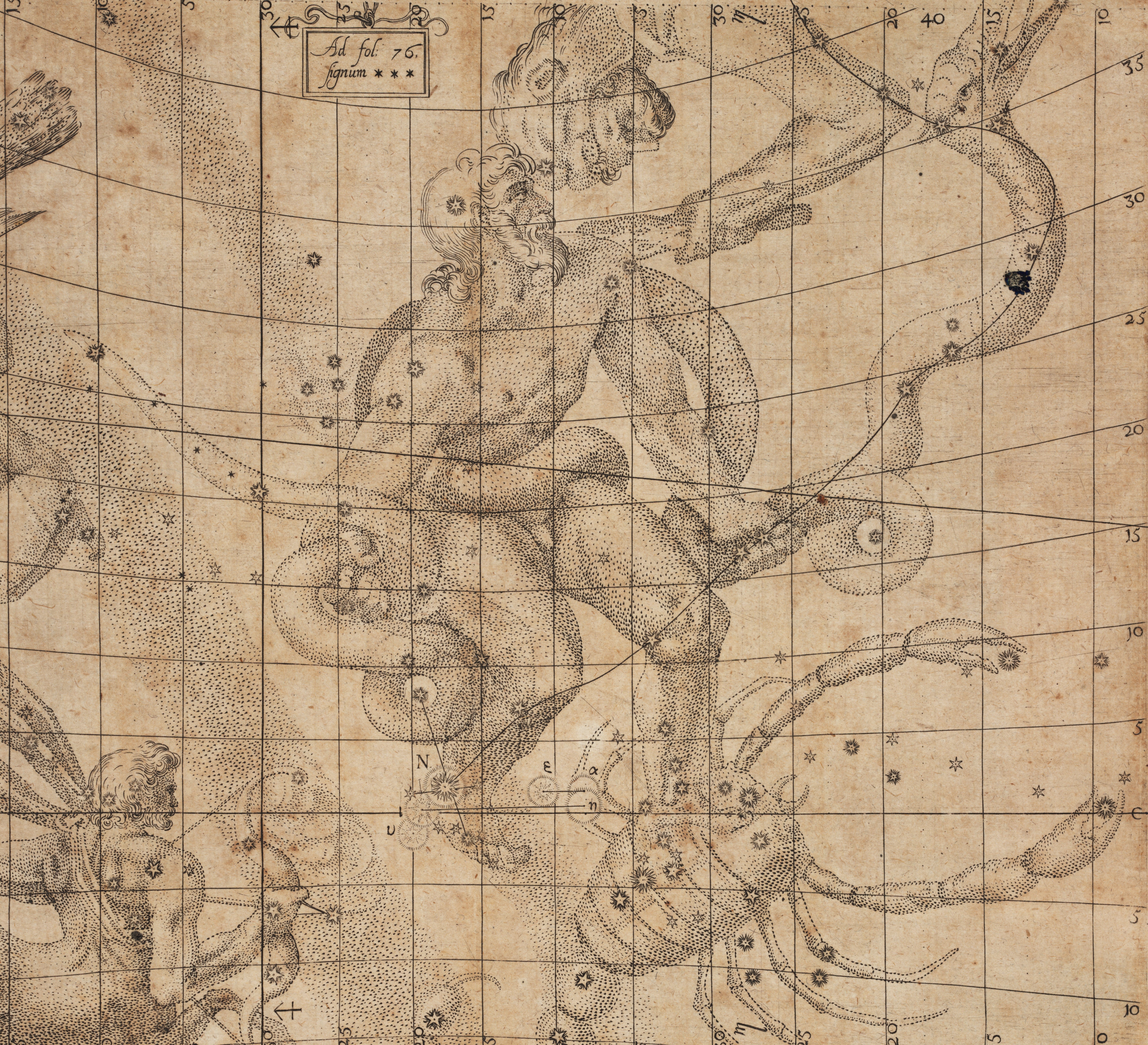 Ophiuchus constellation. Image source: Kepler, Johannes. De stella nova in pede Serpentarii. Prague, 1606, pp. 76-77.