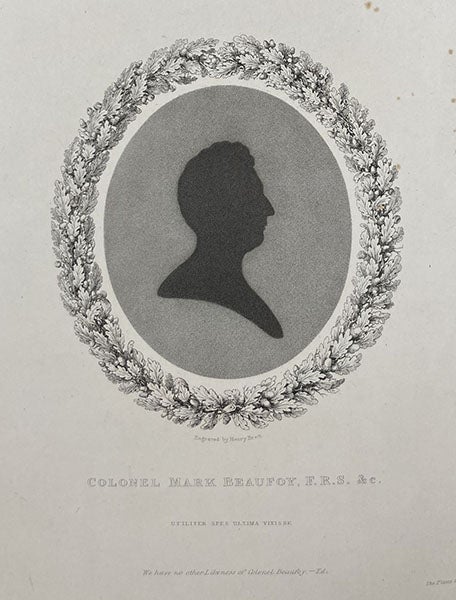 Portrait of Mark Beaufoy, stipple engraving, Nautical and Hydraulic Experiments, with Numerous Scientific Miscellanies, by Mark Beaufoy, vol. 1 (all published), 1834, copy 1 (Linda Hall Library)