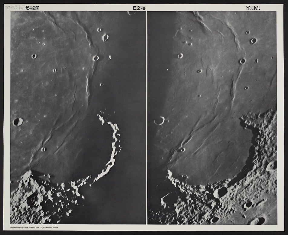 The photograph exhibited was taken in 1956 with the 82-inch reflector at McDonald University in Texas. It shows sunset over the Sinus Iridum (Bay of Rainbows), in the Mare Imbrium (Sea of Rains). The Heraclides promontory that juts out at right center is the feature that Cassini saw as a moon maiden in 1679, and many subsequent observers have drawn the promontory with a face and flowing hair.