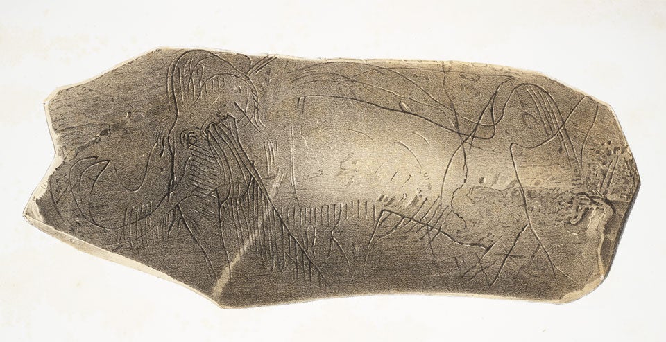 Mammoth outline engraved on mammoth ivory. Image source: Lartet, Édouard, and Henry Christy. Reliquiæ Aquitanicæ. London: Williams & Norgate, 1875, pl. B. 28. 
