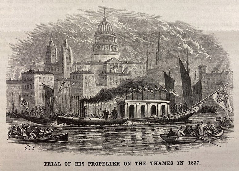 Demonstration of Ericsson’s screw propellers on the Thames, 1837, wood engraving, Scientific American, vol. 60(12), p. 182, Mar. 23, 1889 (The Linda Hall)
