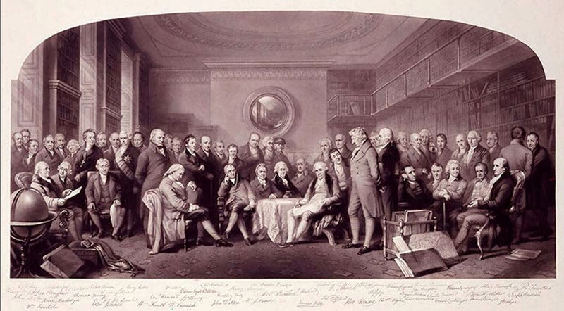 “Men of Science Living in 1807-8”, engraving by William Walker, Jr., and George Zobel, 1862, National Portrait Gallery, London; Robert Mylne is at the right, standing in a dark coat, facing left, just behind a bulky John Rennie (npg.org.uk)