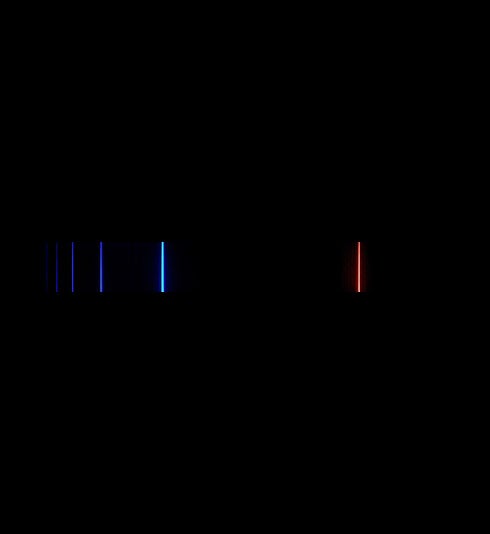 The four Balmer lines of the hydrogen spectrum, modern photograph.  Hα is at the right, Hδ at left (Wikimedia commons)