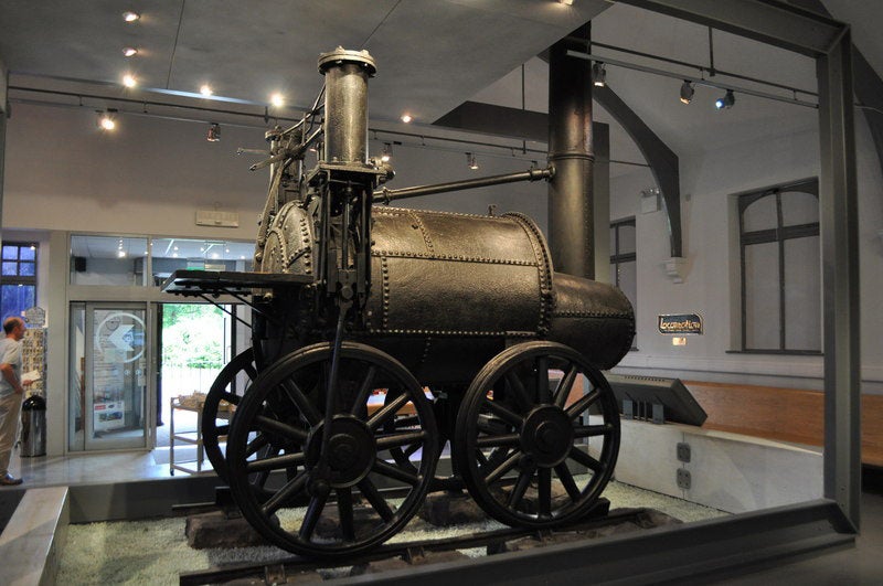 The original Sans Pareil locomotive, built by Timothy Hackworth for the Rainhill Trials, 1829, now in Locomotion, the railway museum in Shildon, County Durham (Wikimedia commons)