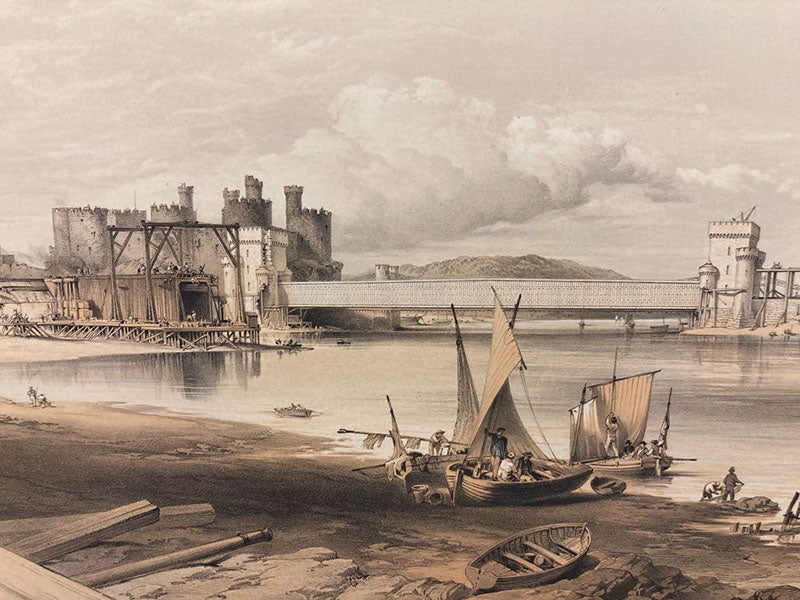 Constructing the second tube onshore for the Conwy Tubular Bridge, with the first tube in place, detail of tinted lithograph in The Britannia and Conway Tubular Bridges, by Edwin Clark, published with the sanction and under the supervision of Robert Stephenson, Atlas, plate 35, 1850 (Linda Hall Library)