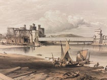 Constructing the second tube onshore for the Conwy Tubular Bridge, with the first tube in place, detail of tinted lithograph in The Britannia and Conway Tubular Bridges, by Edwin Clark, published with the sanction and under the supervision of Robert Stephenson, Atlas, plate 35, 1850 (Linda Hall Library)