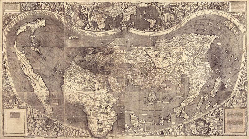 Universalis cosmographia, the entire world map by Martin Waldseemüller, comprising 12 woodcut panels, 1507, only surviving copy (Library of Congress)