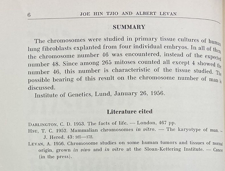 Concluding paragraph, “The chromosome number of man,” by J.H. Tjio and A. Levan, Hereditas, vol, 42, p. 6, 1956 (The Linda Hall)