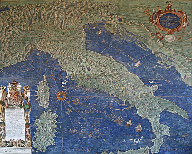 Map of Italy, fresco, design by Ignazio Danti, Galleria delle carte geografiche, 1580-82, Cortile del Belvedere, Vatican, photograph (Wikimedia commons)