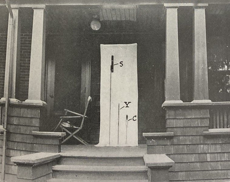 Various small rockets on Robert Goddard’s front porch,  photograph, “A Method of Reaching Extreme Altitudes,” by Robert H. Goddard, Smithsonian Miscellaneous Collections, plate 1, fig. 2, vol. 71, no. 2, 1919 (The Linda Hall)