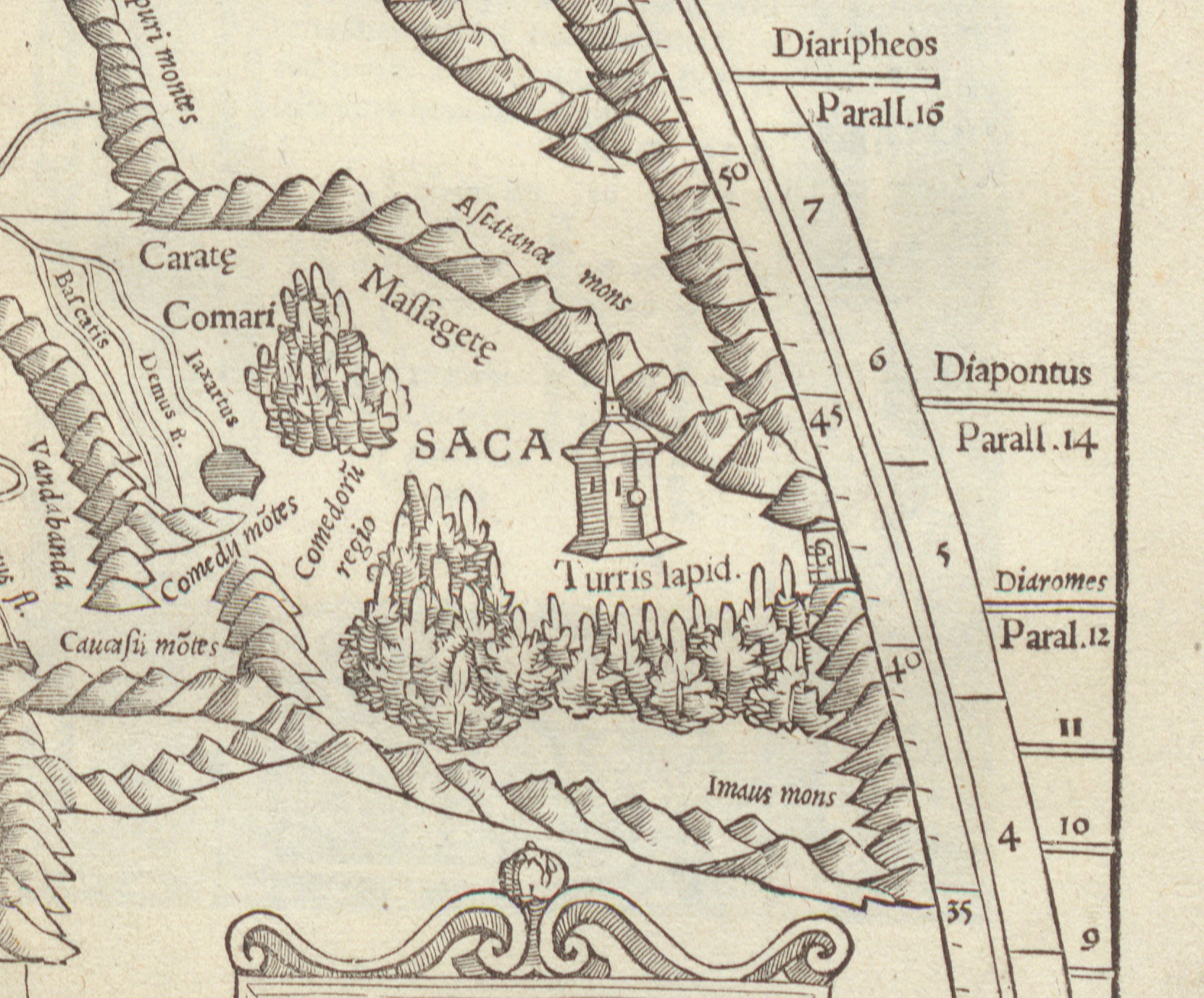 The Stone Tower, Turris lapidea, detail of regional map, Asia VII, woodcut, Geographia vniversalis: vetus et nova, by  Ptolemy of Alexandria and Sebastian Münster, 1540 (Linda Hall Library)