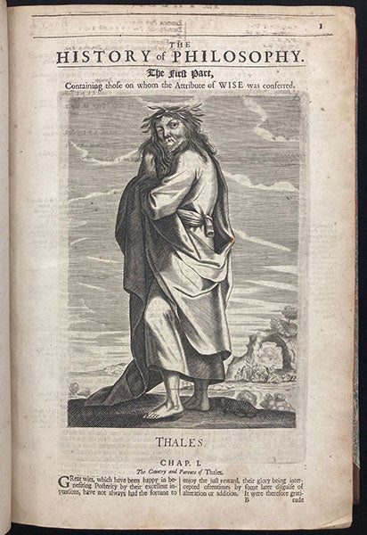 Thales, imagined portrait, engraving by William Faithorne, A History of Philosophy, by Thomas Stanley, 2nd ed., p. 1, 1687 (The Linda Hall)