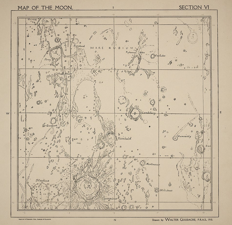 Section 6 shows the southern part of Oceanus Procellarum and Mare Nubium (Sea of Clouds), with the crater Copernicus dominating the bottom of the section. The region depicted contains several sites that would later be visited by spacecraft: Surveyor 3 landed in the open space above and to the left of Lansberg in 1967, and three years later Apollo 12 touched down just 600 feet away. 