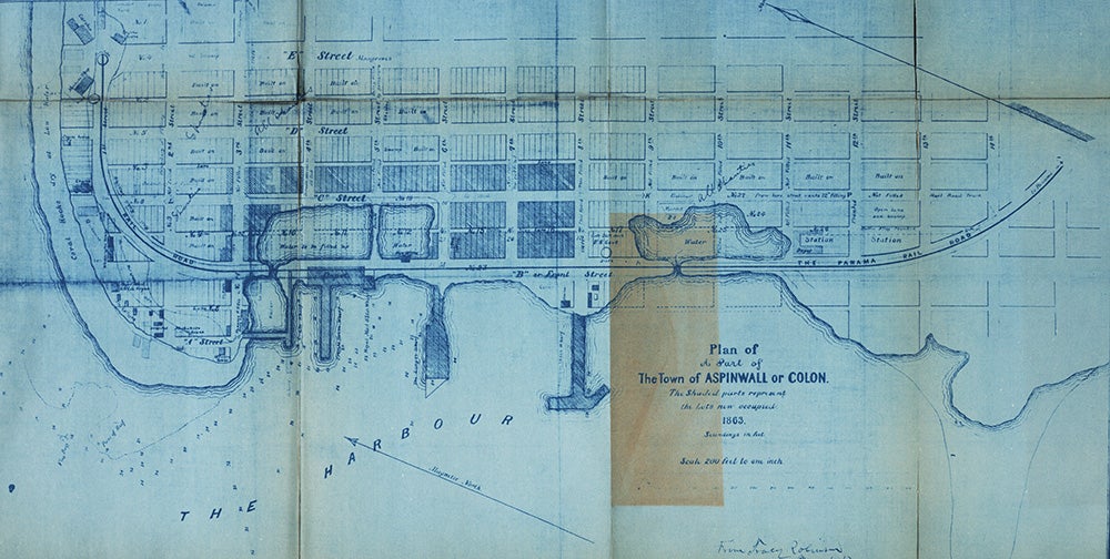 Blueprint plan of the town of Aspinwall or Colón, 1863. From A.B. Nichols Notebooks. View in Digital Collection »