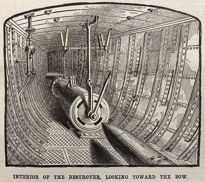 Interior below-decks of Destroyer, showing torpedo launch tube, wood engraving, Scientific American, vol. 60(12), p. 183, Mar. 23, 1889 (The Linda Hall)