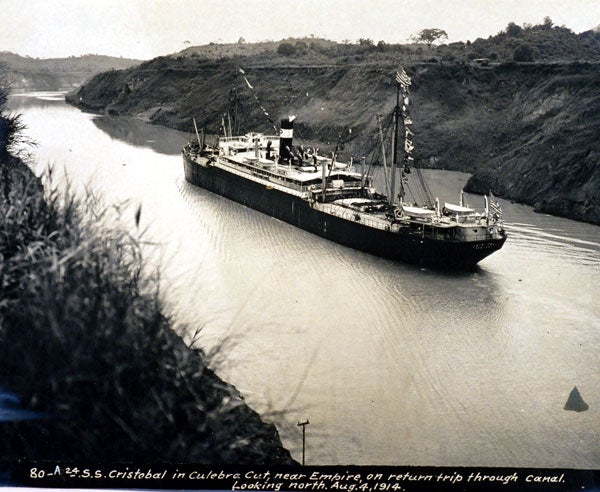 S.S. Cristobal navigating the Panama Canal in test before official opening. Image source: Nichols, Aurin Bugbee, and Tirzah Lamson Nichols. Panama Canal Collection, 1846-1923 (bulk 1906-1914). Photograph Album 3, p. [105].