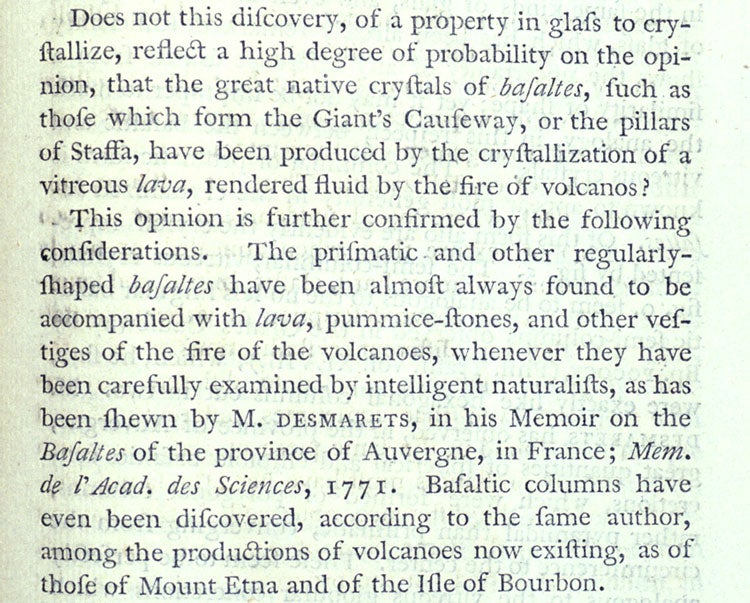 Keir’s paper, presenting new basalt evidence. Image source: Keir, James (1735-1820). "On the Crystallizations Observed on Glass." Philosophical Transactions of the Royal Society of London, vol. 66, 1776, p. 539.