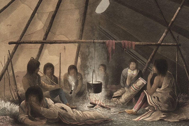 Cree Indian Tent interior, detail of a hand-colored engraving after a watercolor by Robert Hood, Narrative of a Journey to the Shores of the Polar Sea, in the Years 1819, 20, 21, and 22, by John Franklin, p. 169, 1823 (The Linda Hall)