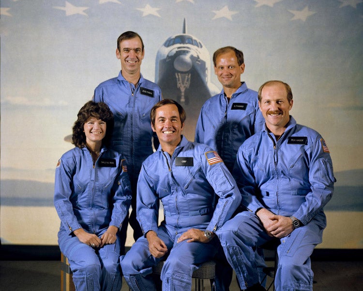 The crew of STS-7 Challenger, including Sally Ride, the first American woman to go into space official crew portrait (nasa.gov)