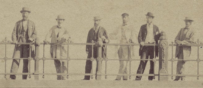 Six of the people involved in the design of Central Park, New York City, with Frederick Law Olmsted at far right, Jacob Wrey Mould next to him, and Calvert Vaux third from left, photograph, 1862 (Wikimedia commons)